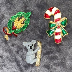 Festive Holiday Brooch Set - Candy Cane, Wreath, Koala